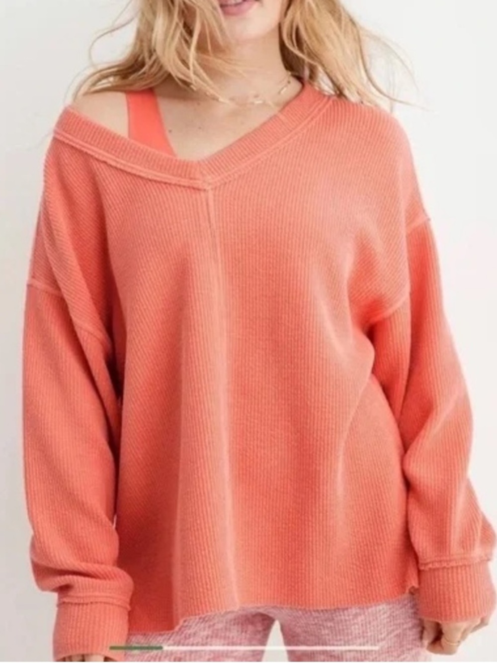 aerie Wonder Coral V-Neck Oversized Sweater